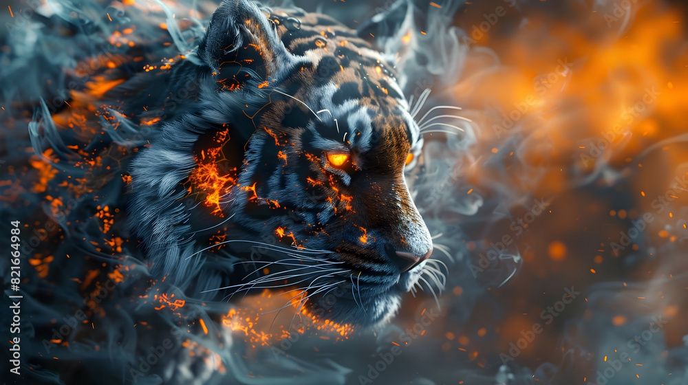 Wall mural Breathtakingly Cyborg Tiger Warrior in Mesmerizing Smoke Environment