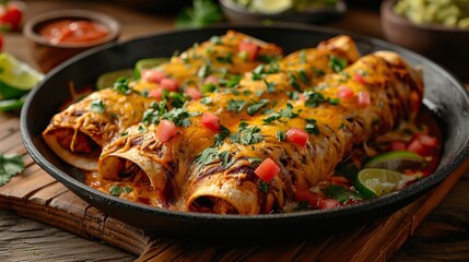 A serving of chicken enchiladas with red sauce.