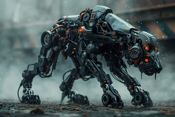 Cyborg Dog Warrior with Advanced Hydraulic Limbs, Infrared Sensors, and Razor-Sharp Bionic Fangs in a Futuristic Post-Apocalyptic Setting