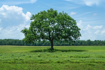 A single large tree with lush green foliage standing alone in a vast field under a clear blue sky