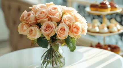 Abeautiful bouquet of roses in a cafe near a delicious dessert and cakes.