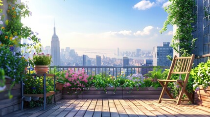 Fototapeta premium Stylish balcony home terrace with city background.