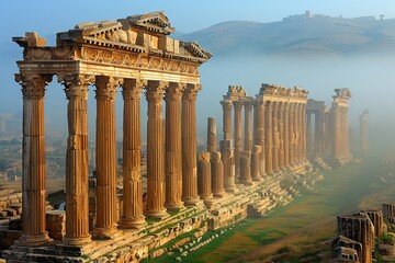 Obraz premium Dawn's Serene Glow: Ancient City Ruins with Intricate Pathways