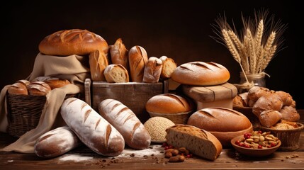 An assortment of freshly baked bread and pastries on a wooden table, artistically arranged with rustic background
