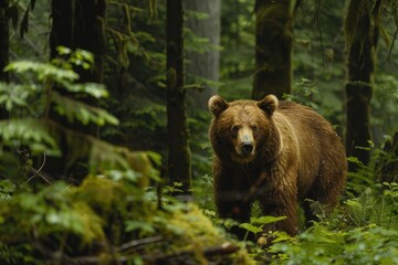 Fototapeta premium A close-up of a brown bear's face with detailed fur texture, surrounded by natural green foliage after rainfall