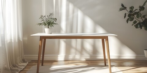 Simple Scandinavian Wooden Table in Bright Minimalist Apartment Interior