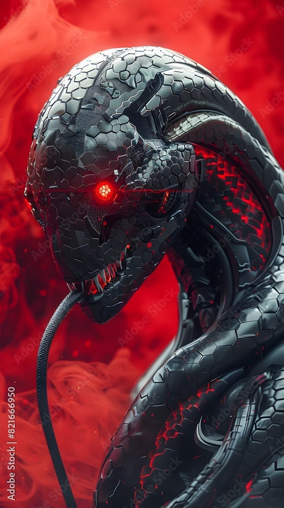 Poster fierce cyborg snake warrior with piercing red eyes and vicious metallic fangs poised to strike again