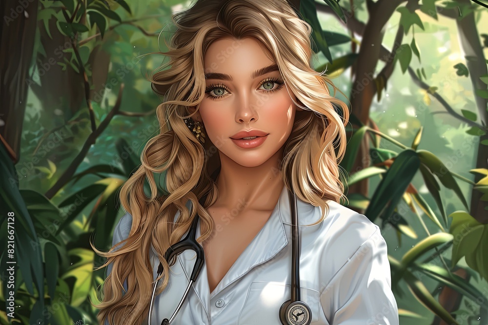 Wall mural Enchanting Young Female Doctor in Ethereal Forest Sanctuary - Digital Art - Wall murals