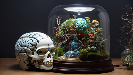A brain inside a glass dome with a skull and wires coming out of it