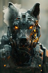 Fototapeta premium Formidable Cyborg Dog Warrior Equipped with Advanced Sensory Suite and Reinforced Titanium Chassis in Post-Apocalyptic Wasteland Setting