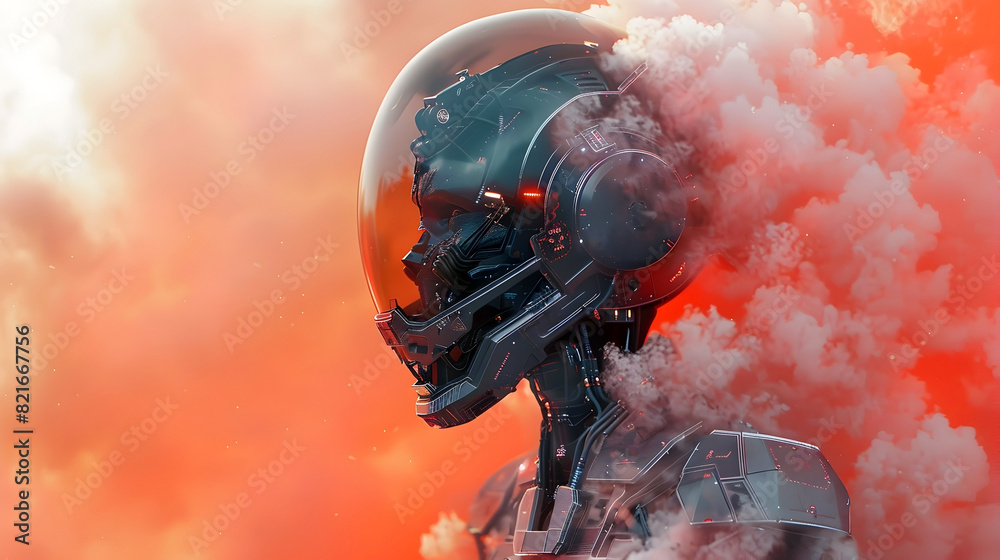 Poster formidable cyborg monkey warrior clad in captivating,multi-hued smoke against an isolated background