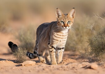 An African wildcat (Felis silvestris lybica) in the Kalahari Desert, South Africa.