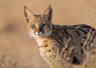 An African wildcat (Felis silvestris lybica) in the Kalahari Desert, South Africa.