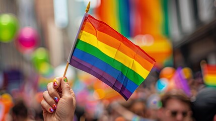 A close-up of a hand holding a small pride flag, with a crowd of celebrants and rainbow decorations in the background