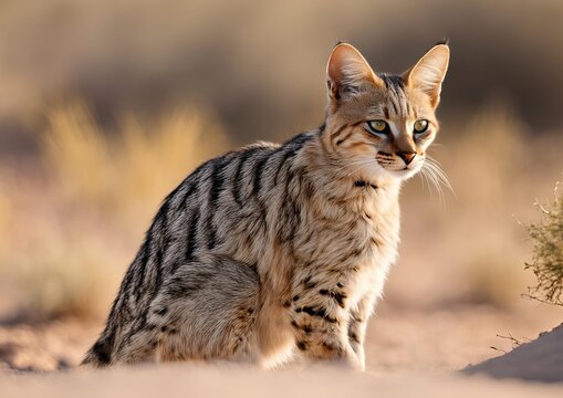 An African wildcat (Felis silvestris lybica) in the Kalahari Desert, South Africa.
