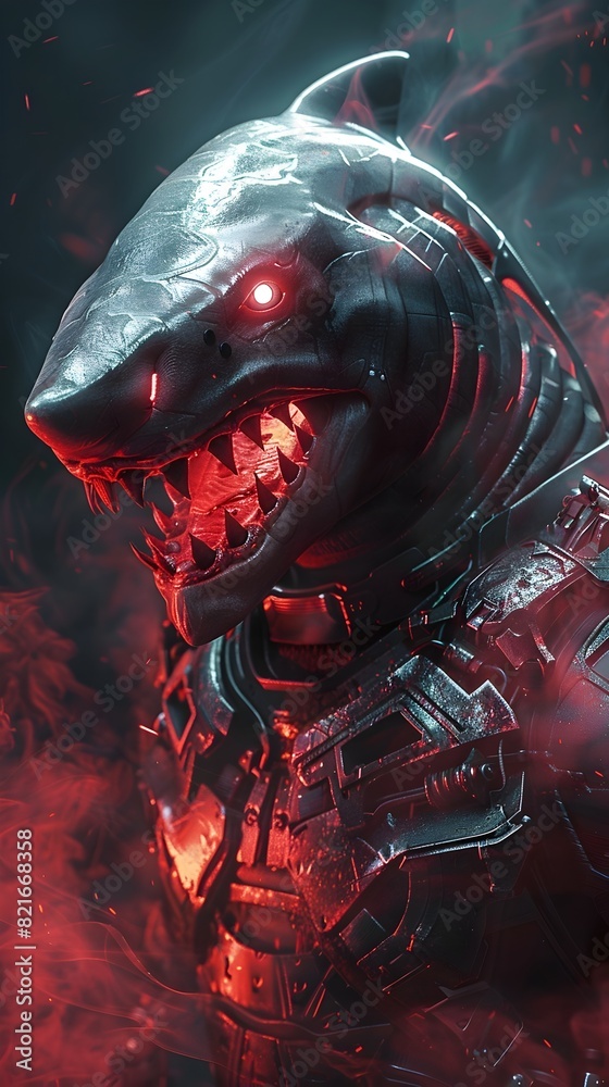 Poster Formidable Cyborg Shark Warrior Encased in Metallic Armor Amid Billowing Crimson Smoke in Ominous Darkness