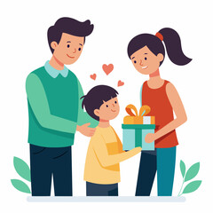 Fototapeta premium Illustration of a daughter and son surprising a father and giving a gift to their father 