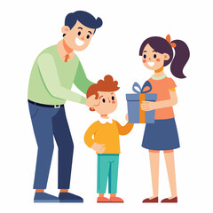 Fototapeta premium Illustration of a daughter and son surprising a father and giving a gift to their father 