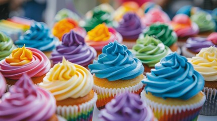 A close-up of colorful pride-themed cupcakes and desserts at a Pride Month celebration