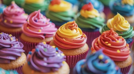 A close-up of colorful pride-themed cupcakes and desserts at a Pride Month celebration