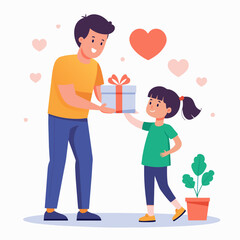 Illustration of a daughter and son surprising a father and giving a gift to their  father 
