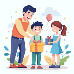 Illustration of a daughter and son surprising a father and giving a gift to their  father 
