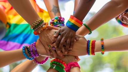 A group of people of different ages and backgrounds holding hands in a circle, symbolizing unity and acceptance during Pride Month
