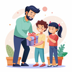 Illustration of a daughter and son surprising a father and giving a gift to their  father 