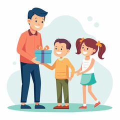 Fototapeta premium Illustration of a daughter and son surprising a father and giving a gift to their father 
