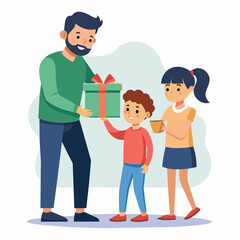 Illustration of a daughter and son surprising a father and giving a gift to their  father 