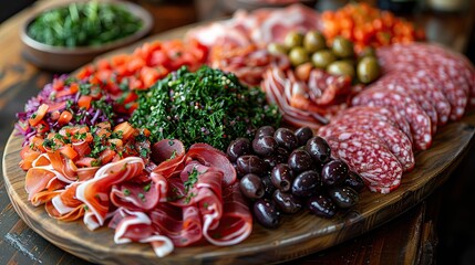 A platter of antipasto with cured meats, olives, and marinated vegetables.