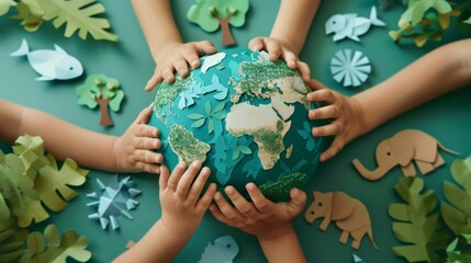 Multiracial hands hold a carefully crafted paper mache globe above a background of cutout paper animals and plants