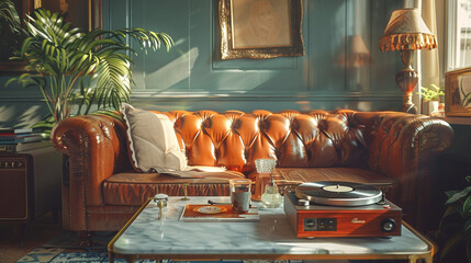 A cozy seating area with a tufted leather sofa, a marble-top cocktail table, and a retro-inspired record player nestled in a corner of the room.