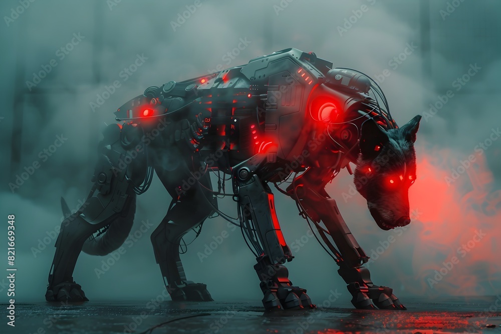 Sticker futuristic mechanized canine warrior with glowing energy core and sleek metallic armor in moody cine