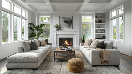 A cozy transitional living room with a fireplace, a comfortable sectional sofa, and a mix of traditional and contemporary decor creating a relaxed yet sophisticated atmosphere.