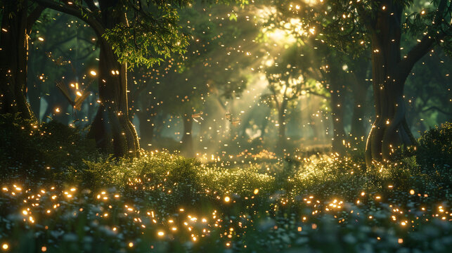 A magical forest with talking trees, friendly woodland creatures, and glowing fireflies. - Powered by Adobe