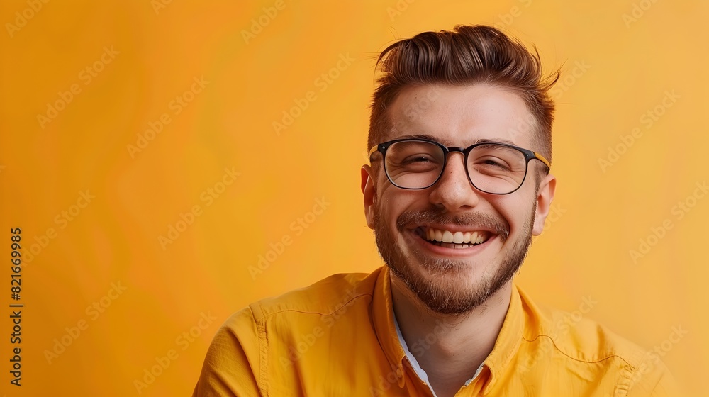 Poster Delighted Young Professional Smiling on Bright Background