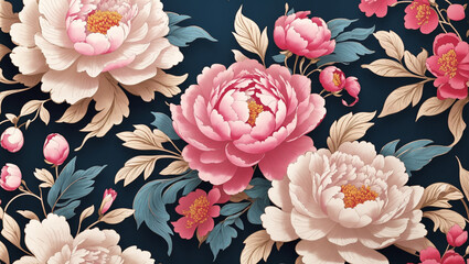 The image is a floral pattern with pink and white flowers against a dark blue background.

