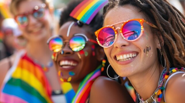 A group of friends with rainbow accessories, enjoying a pride parade