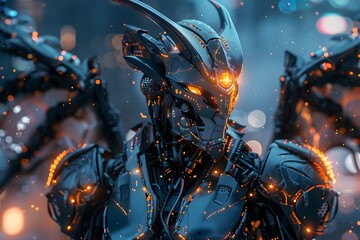 Fototapeta premium Hyper-Detailed Mechanized Dragon Warrior Encased in Futuristic Exoskeleton with Glowing Circuits and Pearlescent Scales against Megalopolis Backdrop