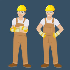 Worker Man in jumpsuit and safety helmet standing poses 