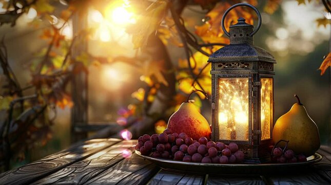an outdoor table with lanterns and fruits, islamic or ramadan background. Islamic or Ramadan background. Realistic style.looping and seamless 4k digital illustration video