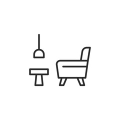 Interior furniture icon. A minimalistic representation of a well-designed living space featuring a chair, table, and pendant lamp. Ideal for interior design services, decor shops. Vector illustration 