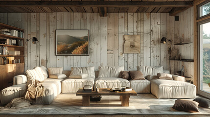 A rustic chic living room with whitewashed wood walls, a distressed leather sectional sofa, and a vintage-inspired coffee table, creating a relaxed yet stylish ambiance.