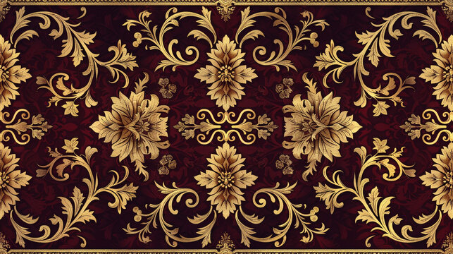 A seamless pattern featuring Victorian ornamental borders with intricate acanthus leaf and floral motifs, in shades of deep red and gold.