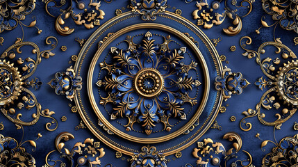 A seamless pattern of Victorian medallions and rosettes, with intricate detailing and embossed textures in shades of royal blue and gold.