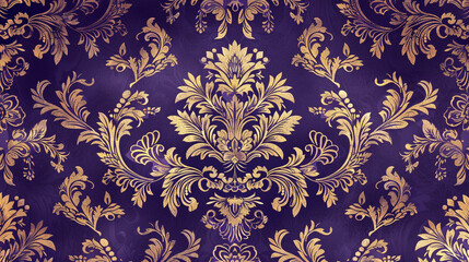 A seamless pattern of Victorian damask, with ornate floral patterns and intricate borders in shades of royal purple and gold, evoking a sense of luxury and opulence.
