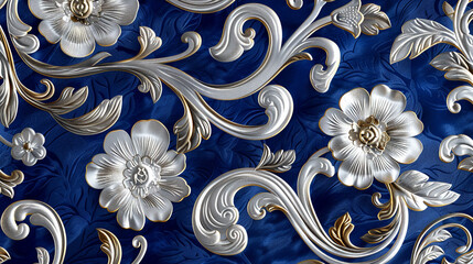 A seamless Victorian brocade pattern with elegant swirls and scrolls in royal blue and silver, reminiscent of luxurious upholstery fabrics.