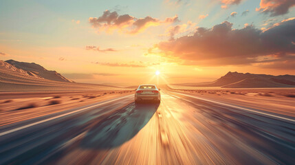 A self-driving car driving along a desert highway, with sand dunes stretching to the horizon and a blazing sun overhead, creating a mirage effect.