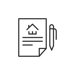 Real estate contract icon. Simple representation of a legal document with a house outline and pen, used for property transactions, agreements, and leases. Vector illustration